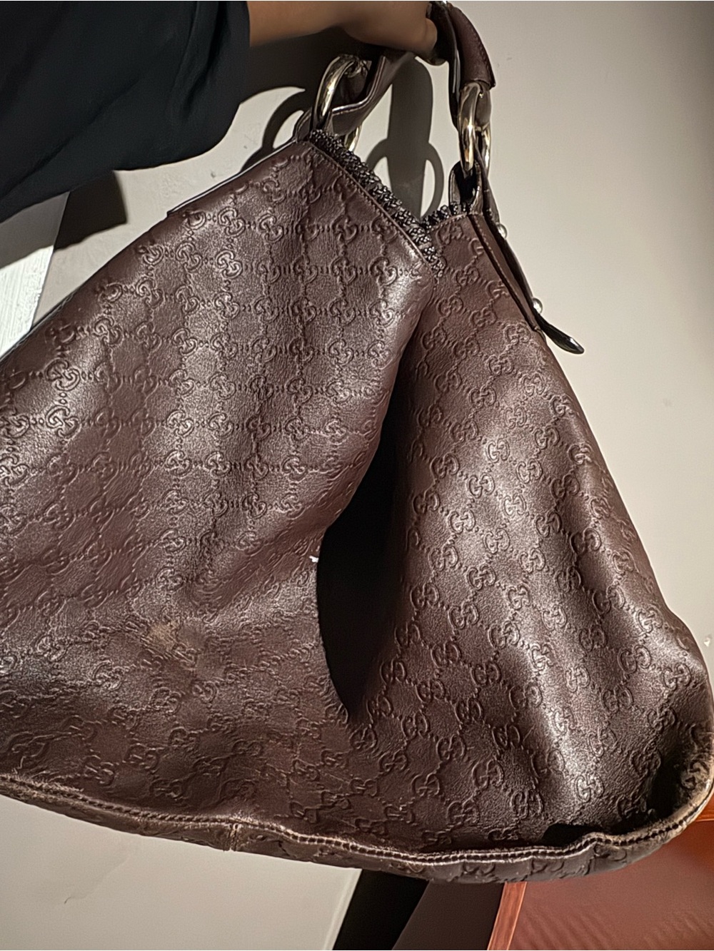Gucci Brown Embossed Monogram Leather Hobo Bag